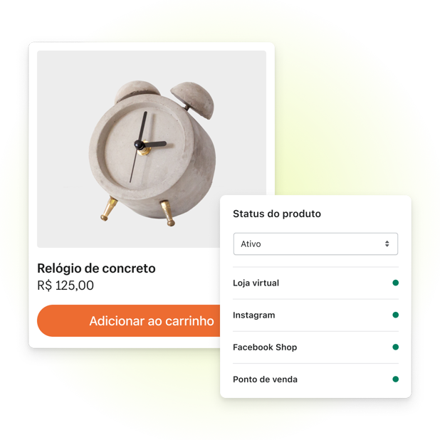 No fundo, uma tela de checkout online mostrando um relógio de concreto com um botão: “Adicionar ao carrinho”. Em primeiro plano, uma tela do admin da Shopify mostrando que o relógio de concreto está disponível para venda nos seguintes canais de vendas: loja virtual, Instagram, Facebook Shop e Ponto de Venda.